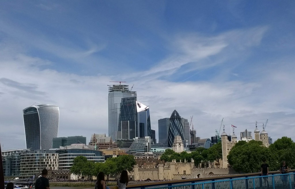 view of the City of London skyscrapers from the Tower bridge